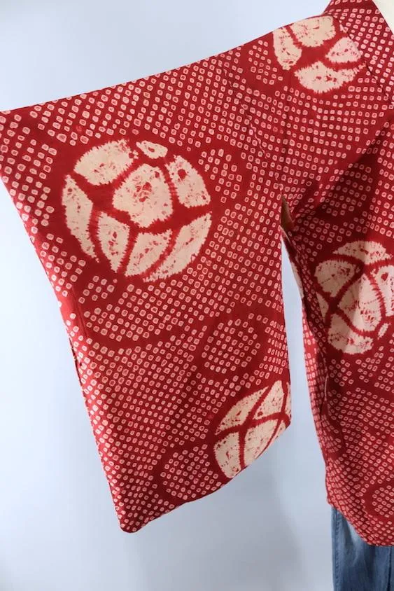 Vintage Silk Kimono Robe / Brick Red Maroon Shibori