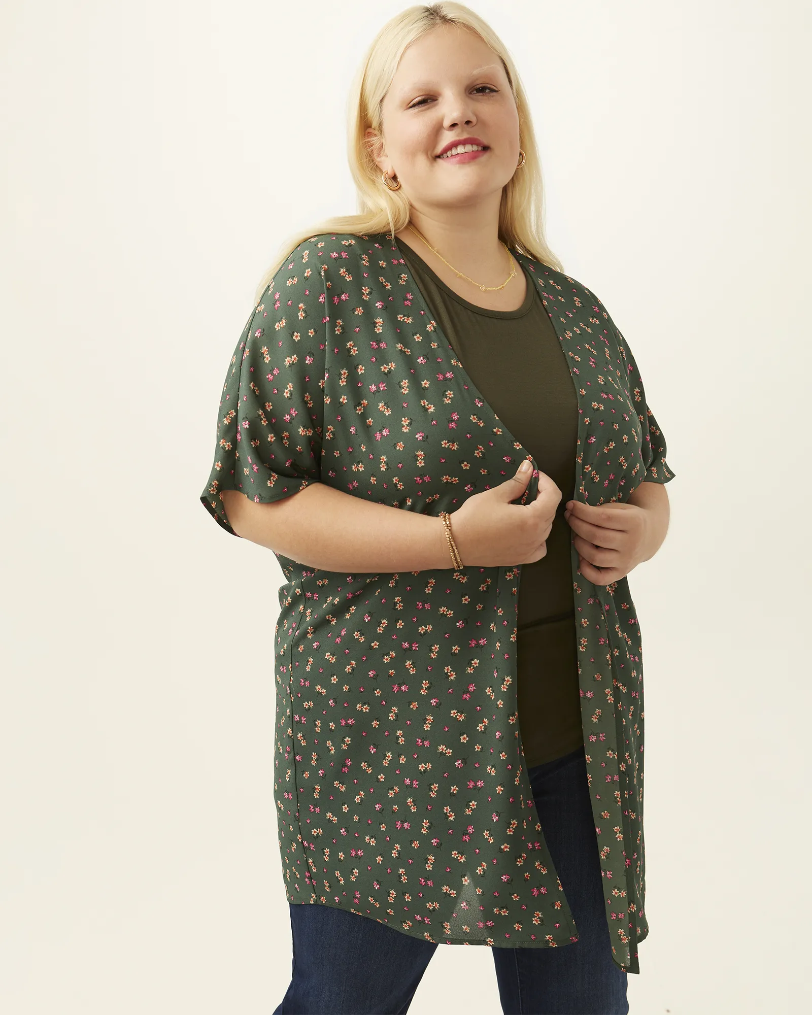 Vivian Glam Day Kimono | Forest Green / Peach