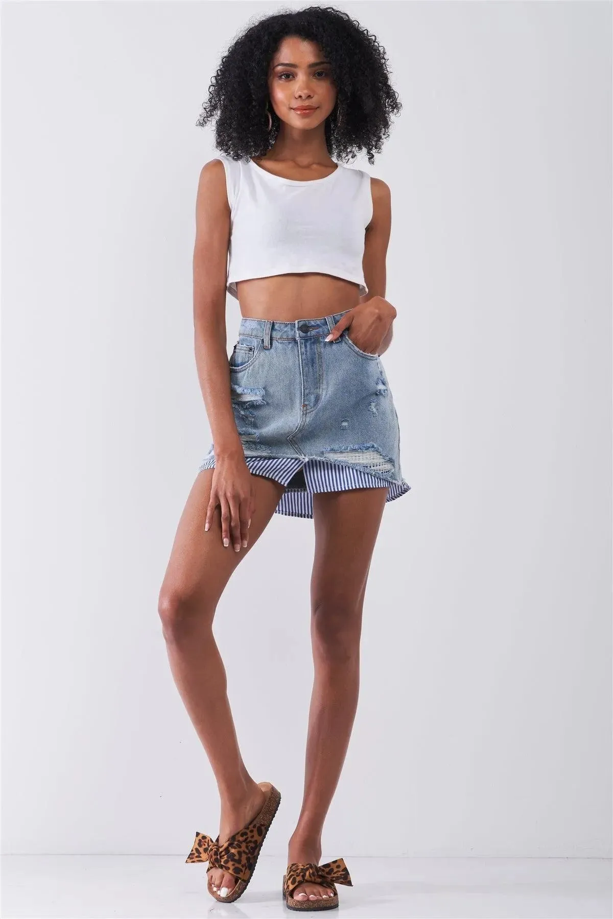 Washed Light Denim Combo High Waist Distressed Raw Hem Striped Underlining Detail Mini Skirt /3-1-1