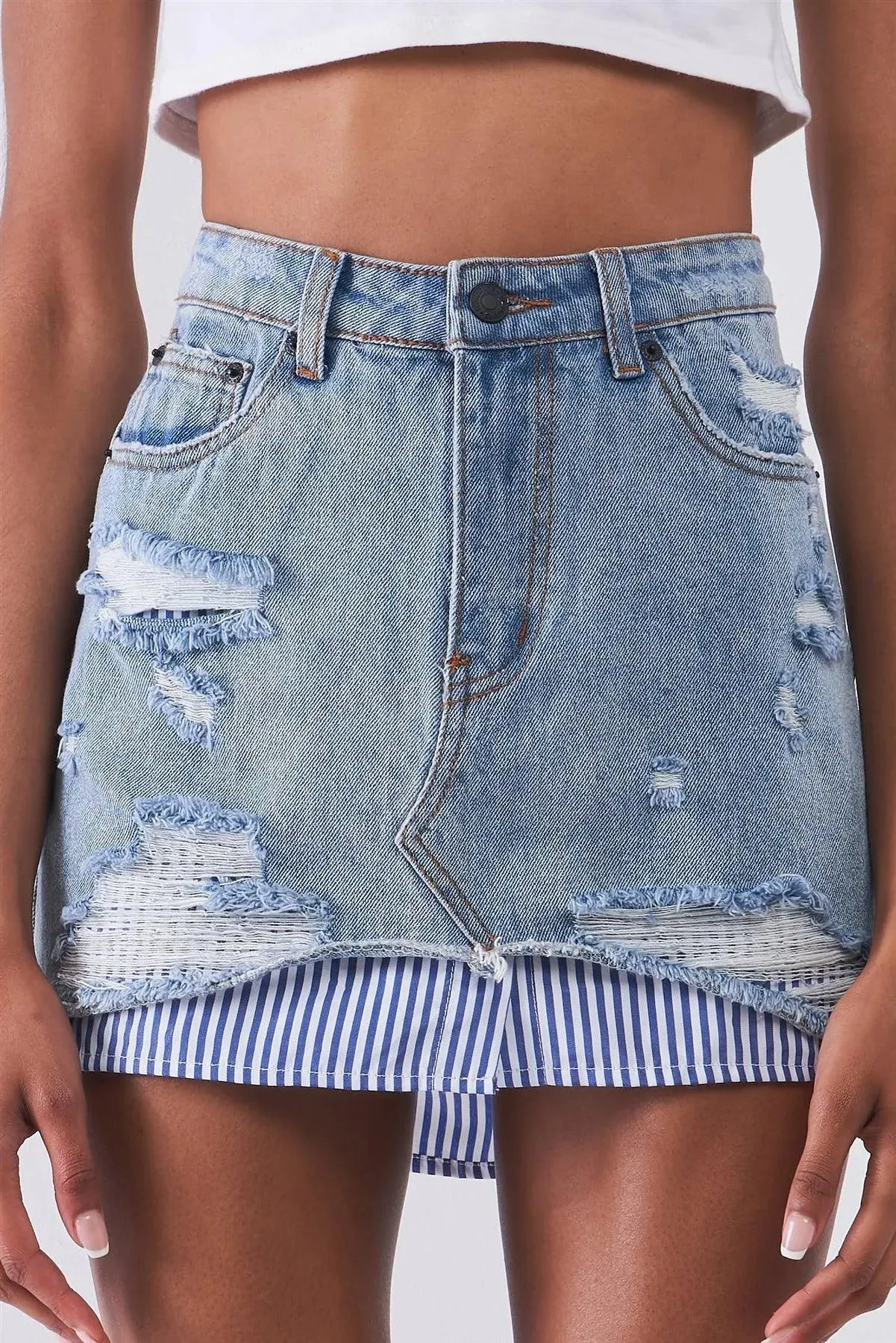 Washed Light Denim Combo High Waist Distressed Raw Hem Striped Underlining Detail Mini Skirt /3-1-1