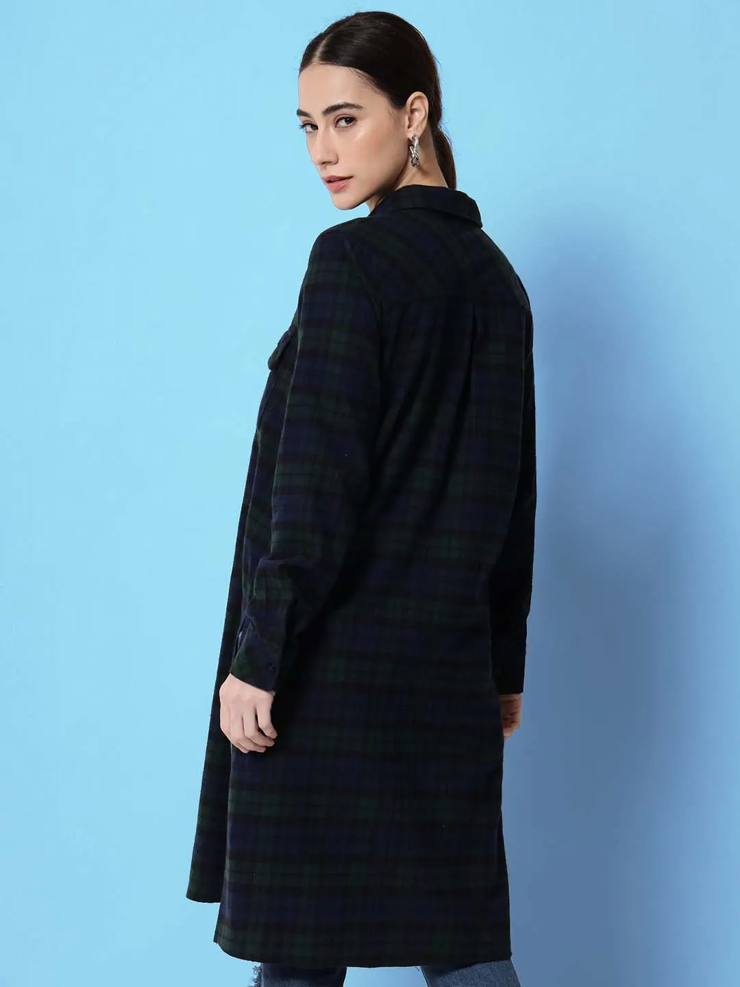 Women Blue Relaxed Tartan Checked Casual Long Shirt