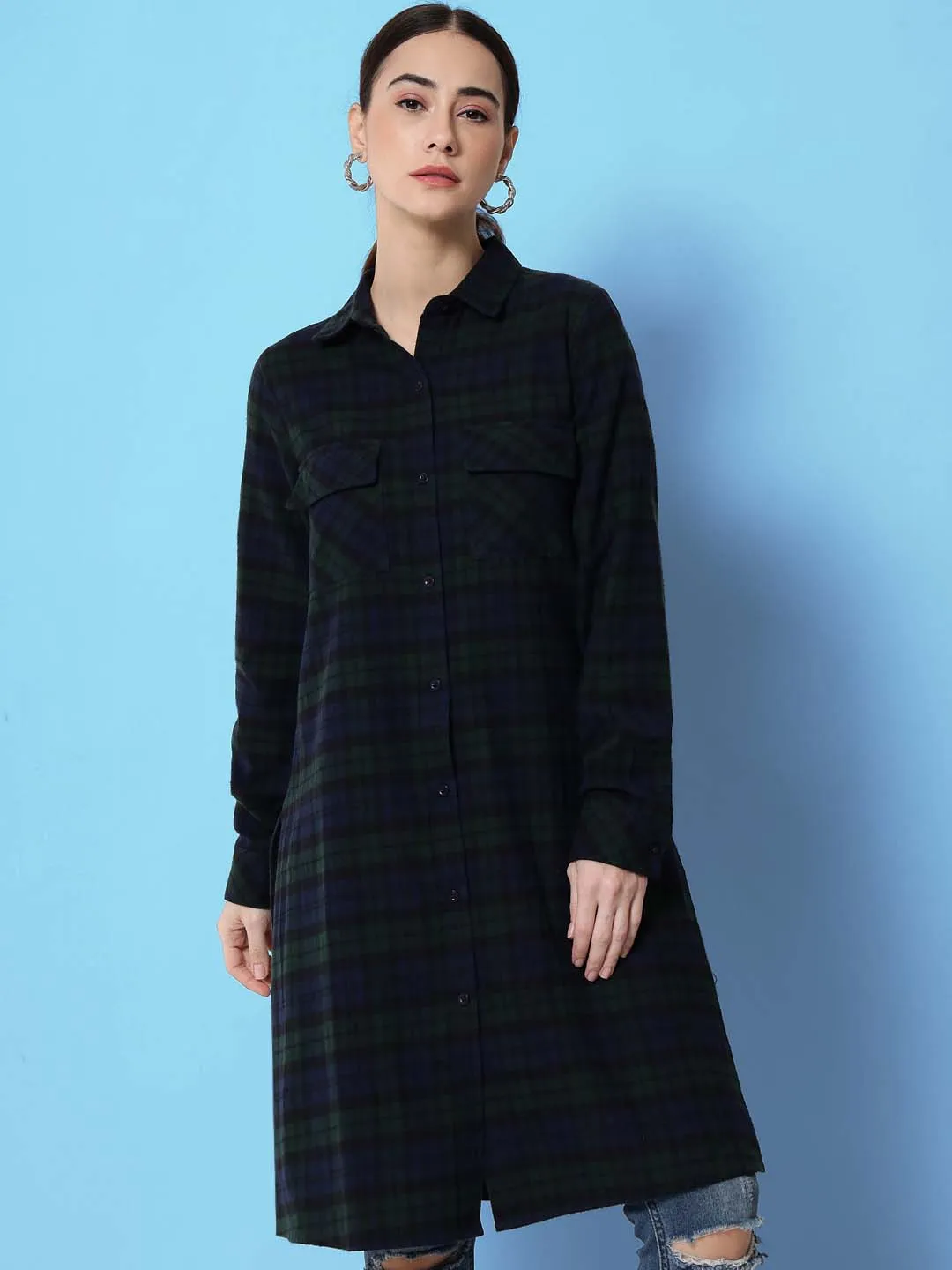 Women Blue Relaxed Tartan Checked Casual Long Shirt