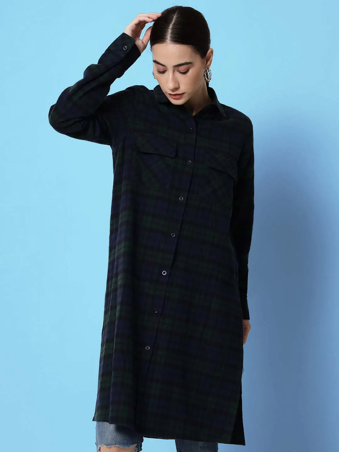 Women Blue Relaxed Tartan Checked Casual Long Shirt