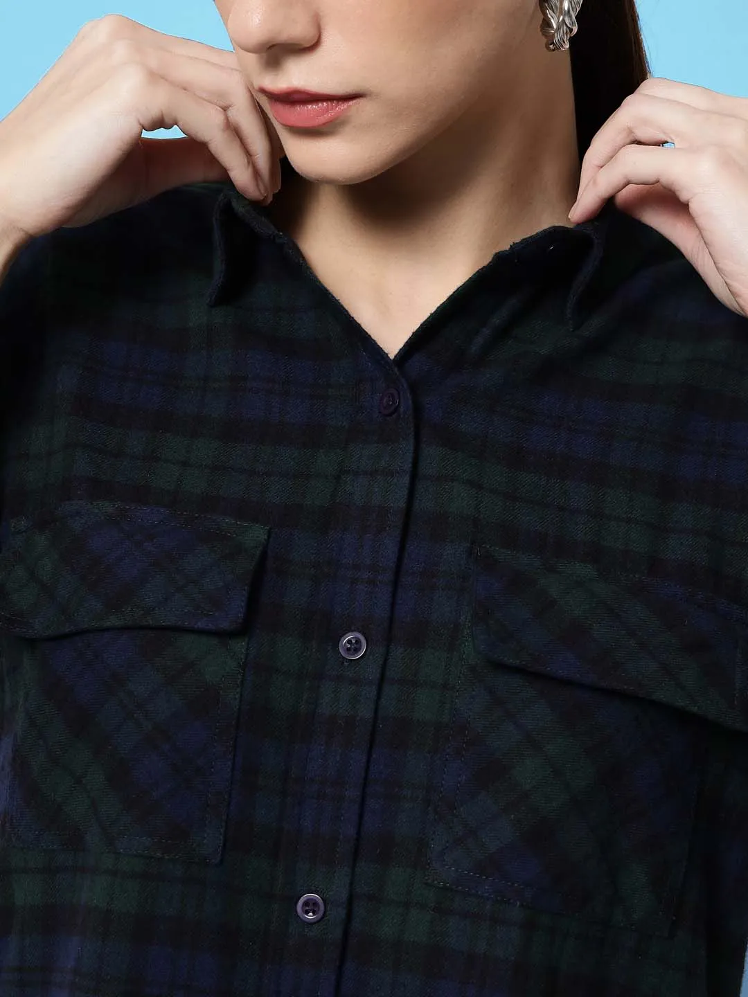 Women Blue Relaxed Tartan Checked Casual Long Shirt