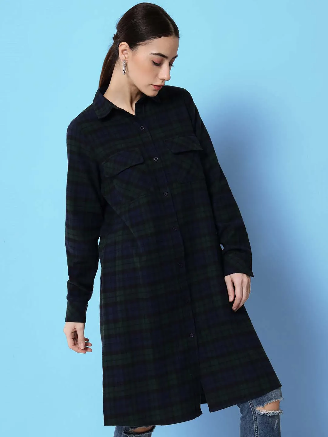 Women Blue Relaxed Tartan Checked Casual Long Shirt