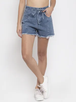Women Solid Blue Cotton Blend Shorts With Raw Hem