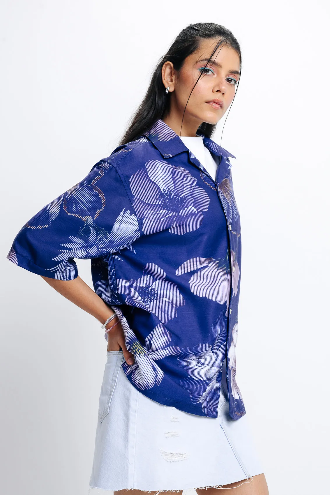 Women's Blue Printed Relaxed Shirt