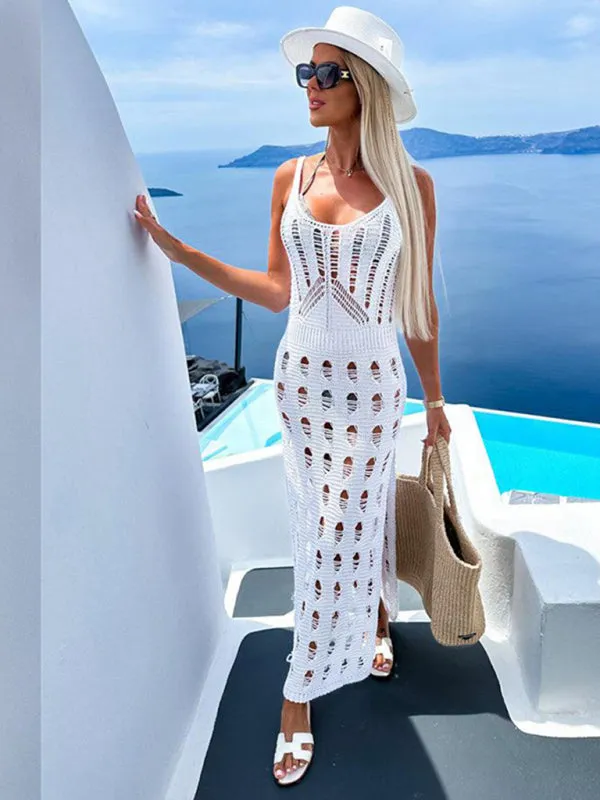 Women's Hollow Knit Floor Length Beach Cover Up With Side Splits