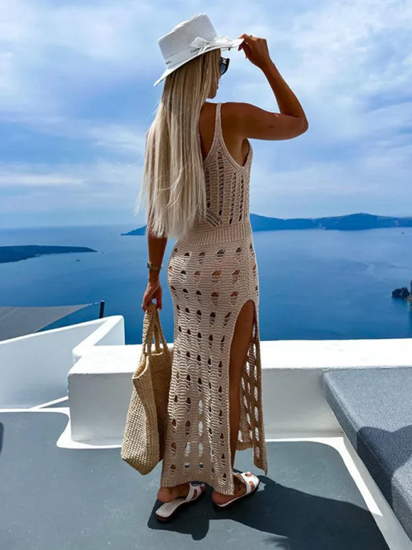 Women's Hollow Knit Floor Length Beach Cover Up With Side Splits