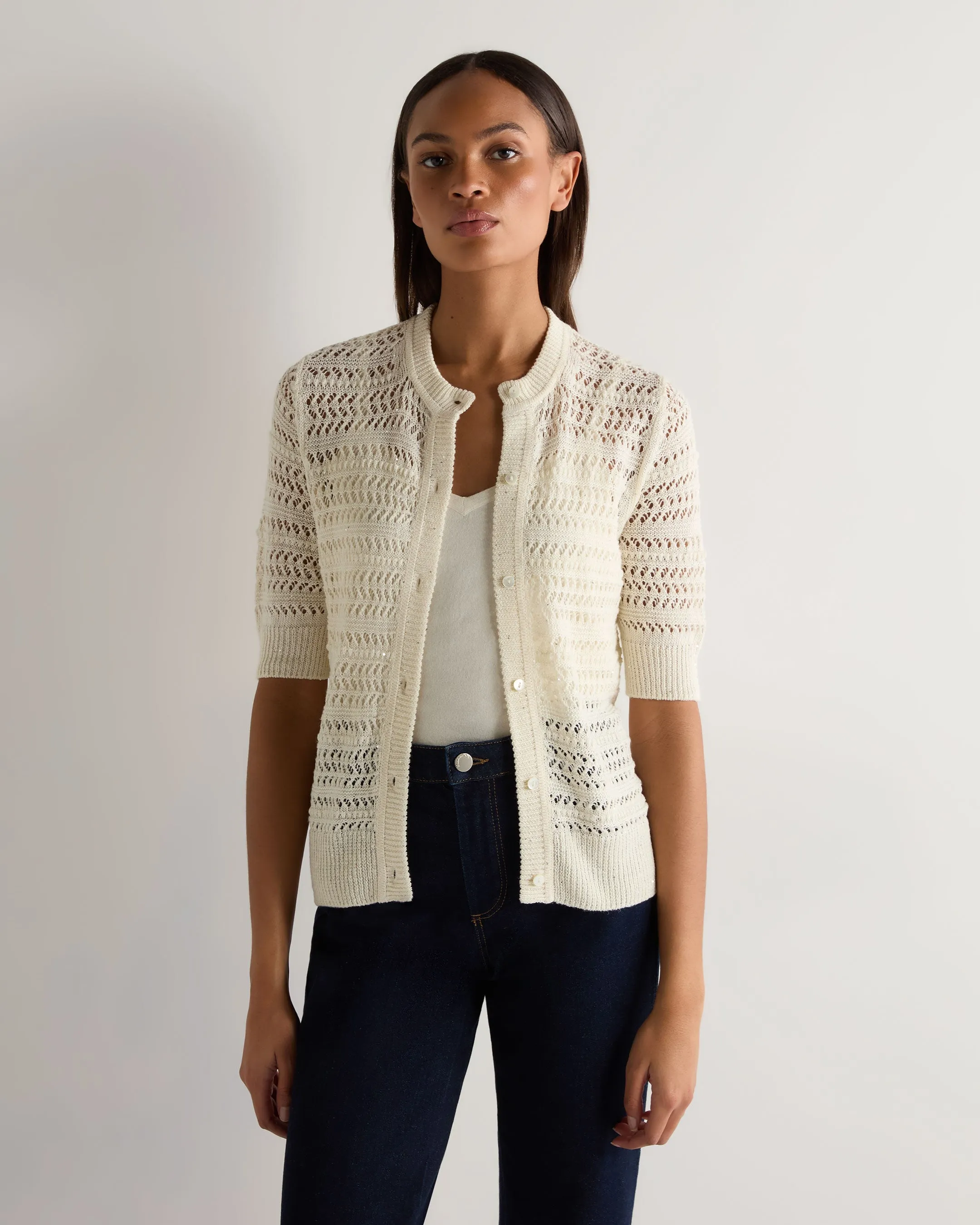 Women's Open Stitch Linen Blend Cardigan New Ivory White