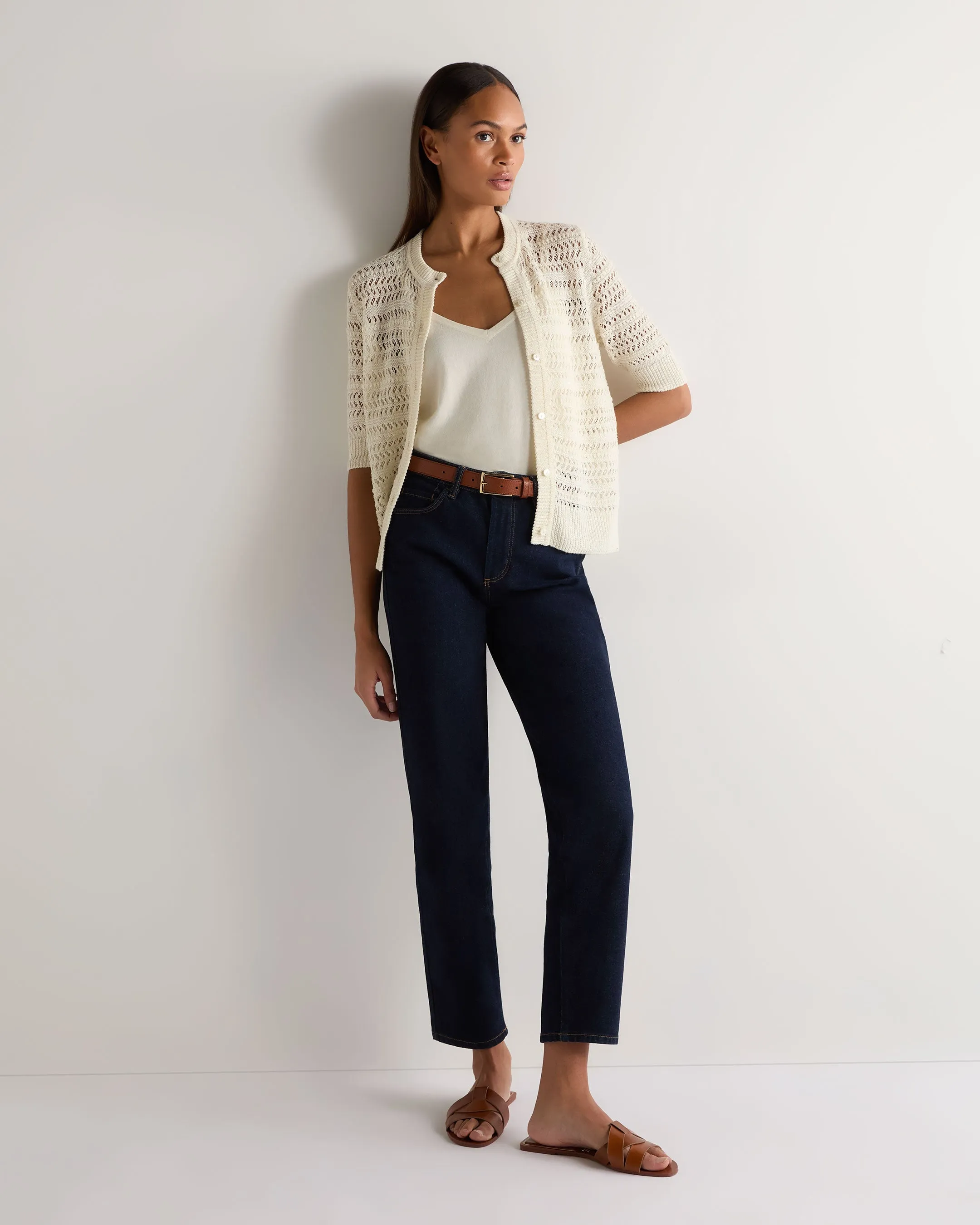 Women's Open Stitch Linen Blend Cardigan New Ivory White