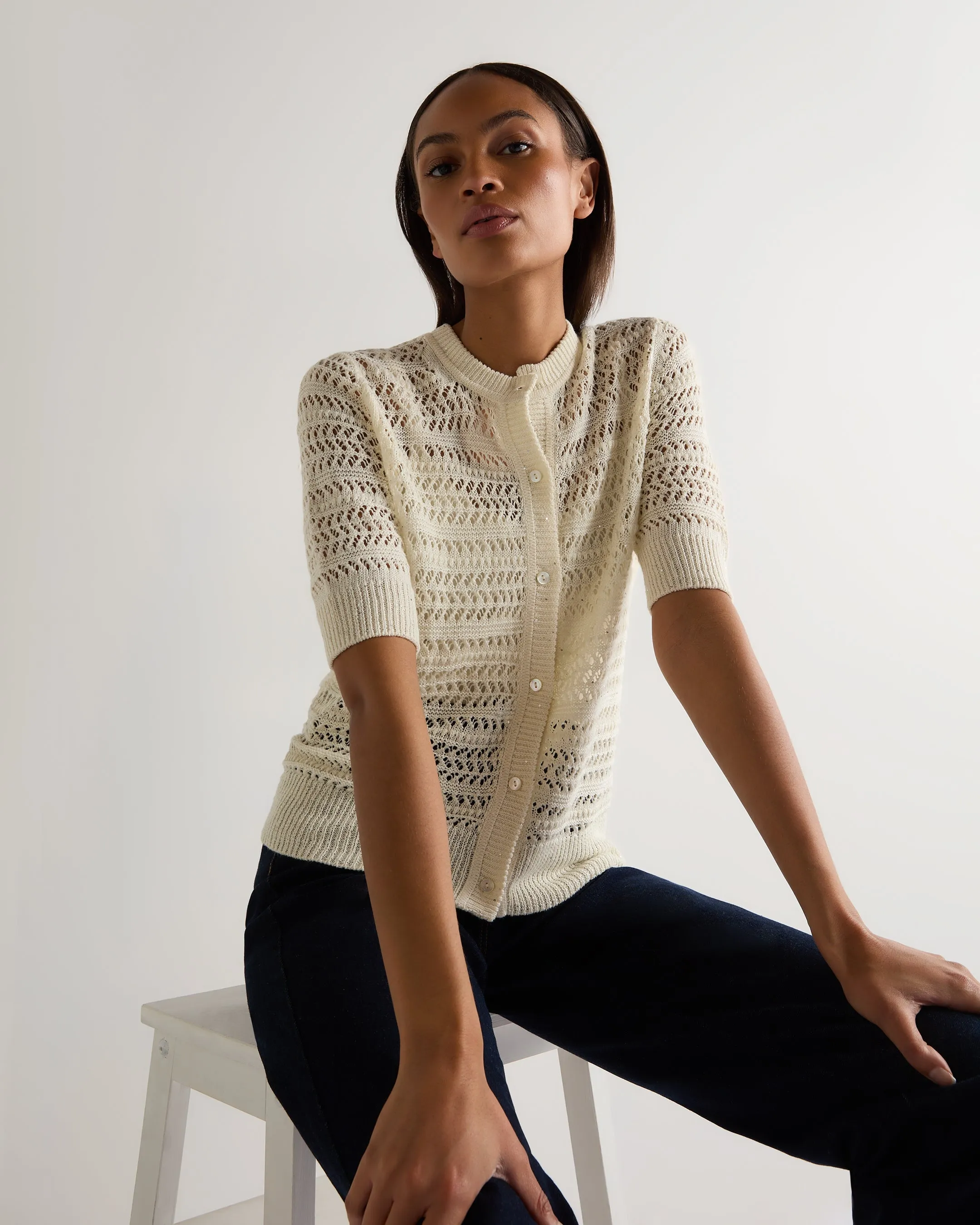 Women's Open Stitch Linen Blend Cardigan New Ivory White