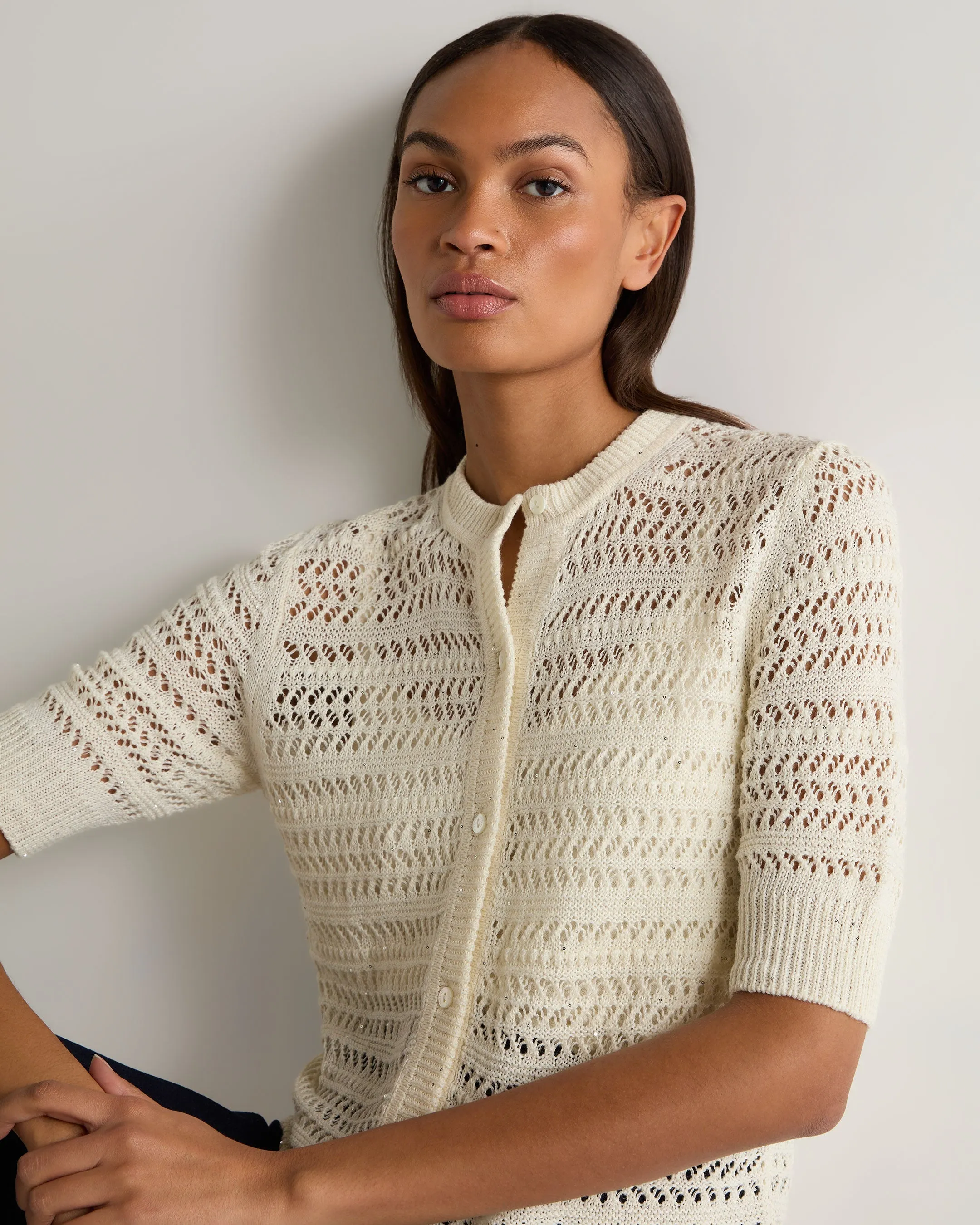 Women's Open Stitch Linen Blend Cardigan New Ivory White